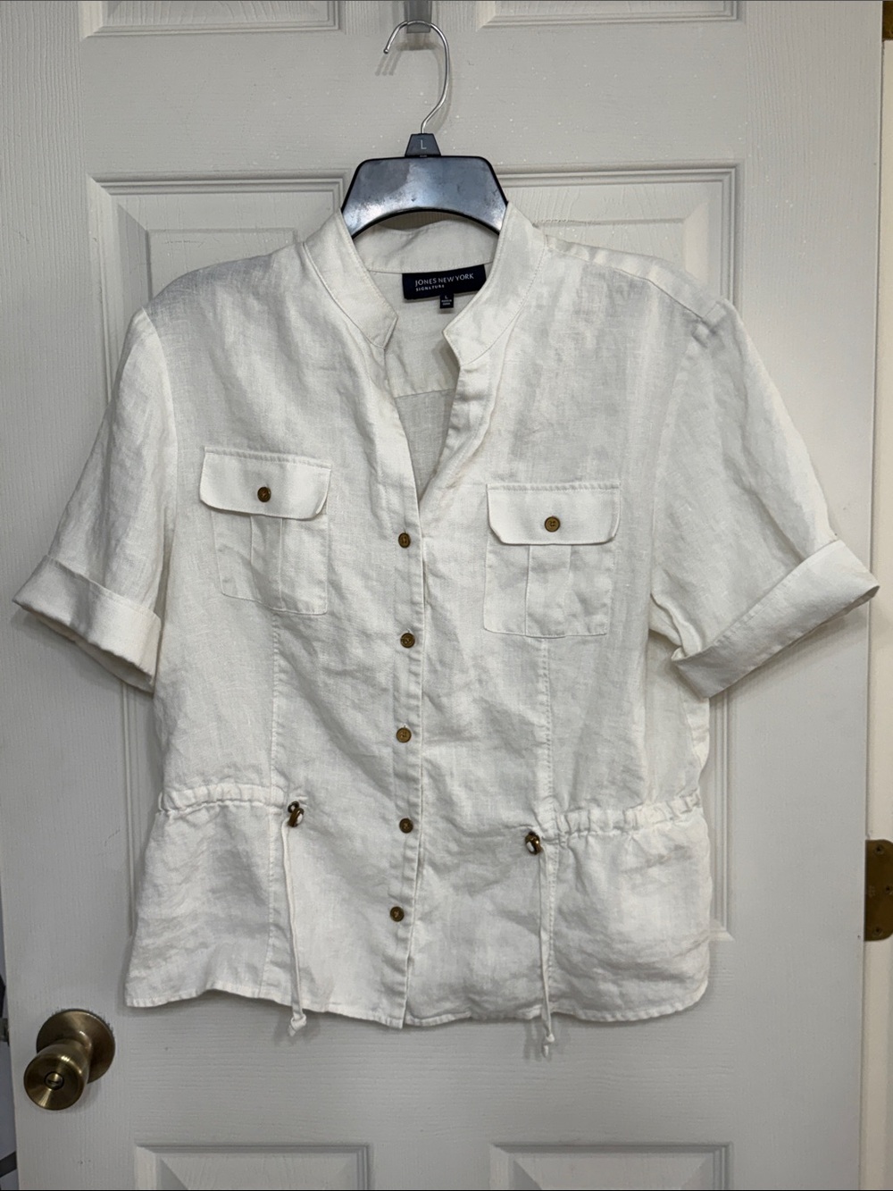 Jones New York Women's Large 100% Linen Safari Shirt White Short Sleeve